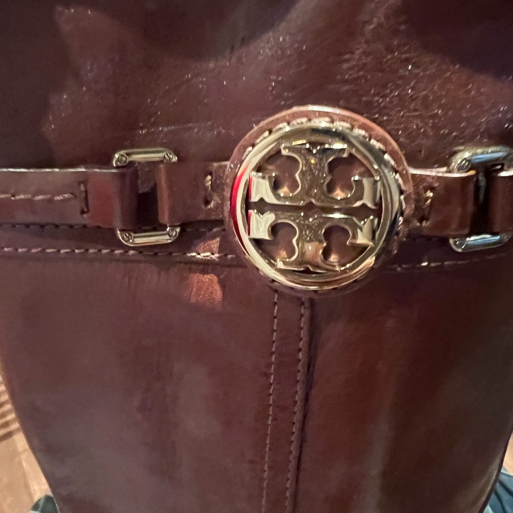 Tory Burch Chocolate Leather Boots with Gold Emblem